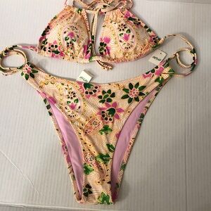 aerie women Cheeky Pink Green Paisley Floral Bikini Set small